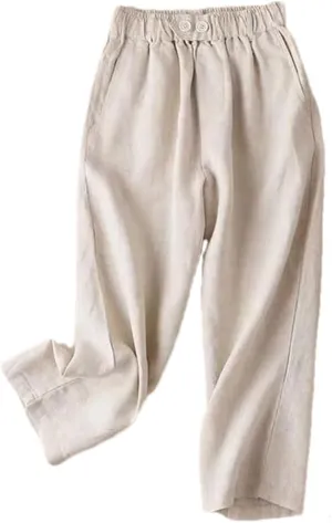 Deepsko Women's Summer Cotton and Linen Cropped Loose Elastic Waist Harem Pants Beige
