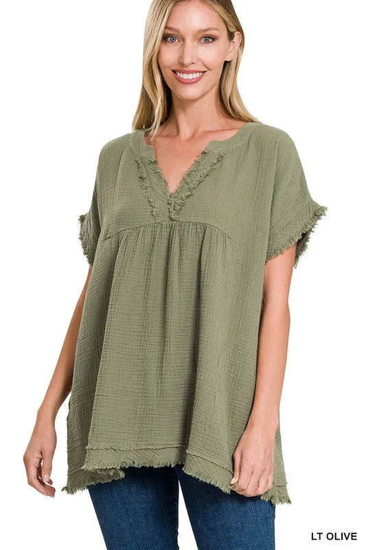 Double Gauze Raw Edge V-Neck