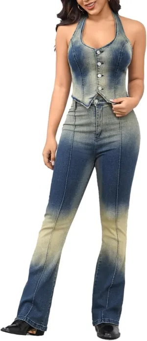 ECHOINE Women Two Piece Denim Set Sexy Cropped Button Down Tank Top and Flared Jeans Vintage 2 Piece Outfits