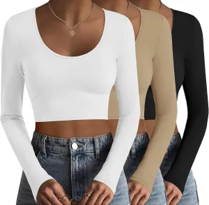 Ekouaer 3 Piece Long Sleeve Crop Tops for Women Scroop Neck Base Layer Basic Thermal Undershirts S-XXL