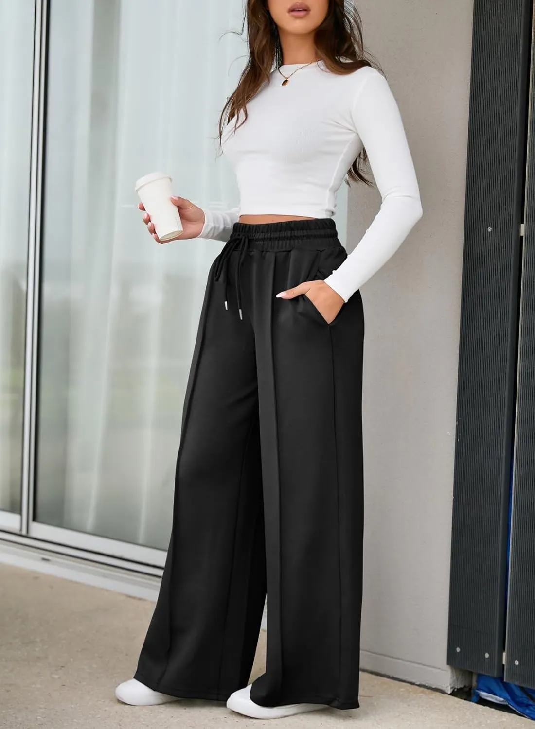 EVALESS Womens High Waisted Baggy Drawstring Sweatpants Casual Wide Leg Pants Long Trouser Slacks with Pockets