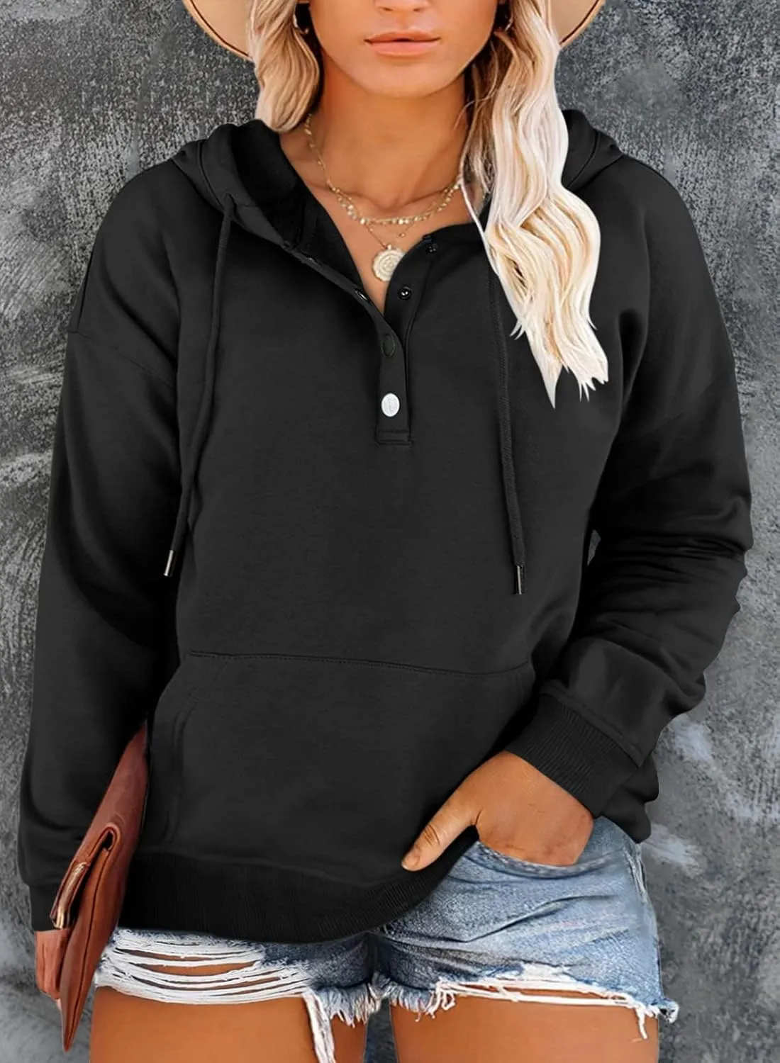 Eytino Plus Size Hooded for Women Tops Long Sleeve Button Collar Drawstring Hoodies Pullover Sweatshirts with Pockets(1X-5X)