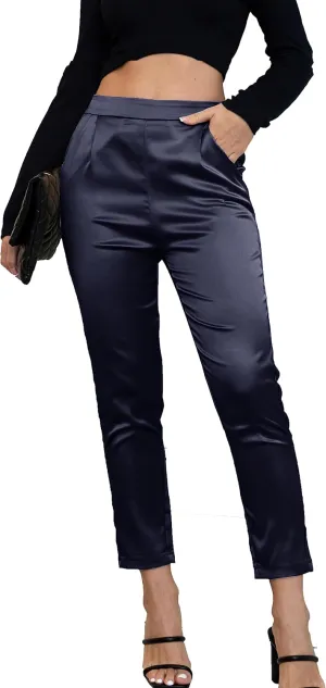 Fakanhui Women's Satin Silky Dress Casual Elastic High Waist Stretch Elegant Pants Trousers