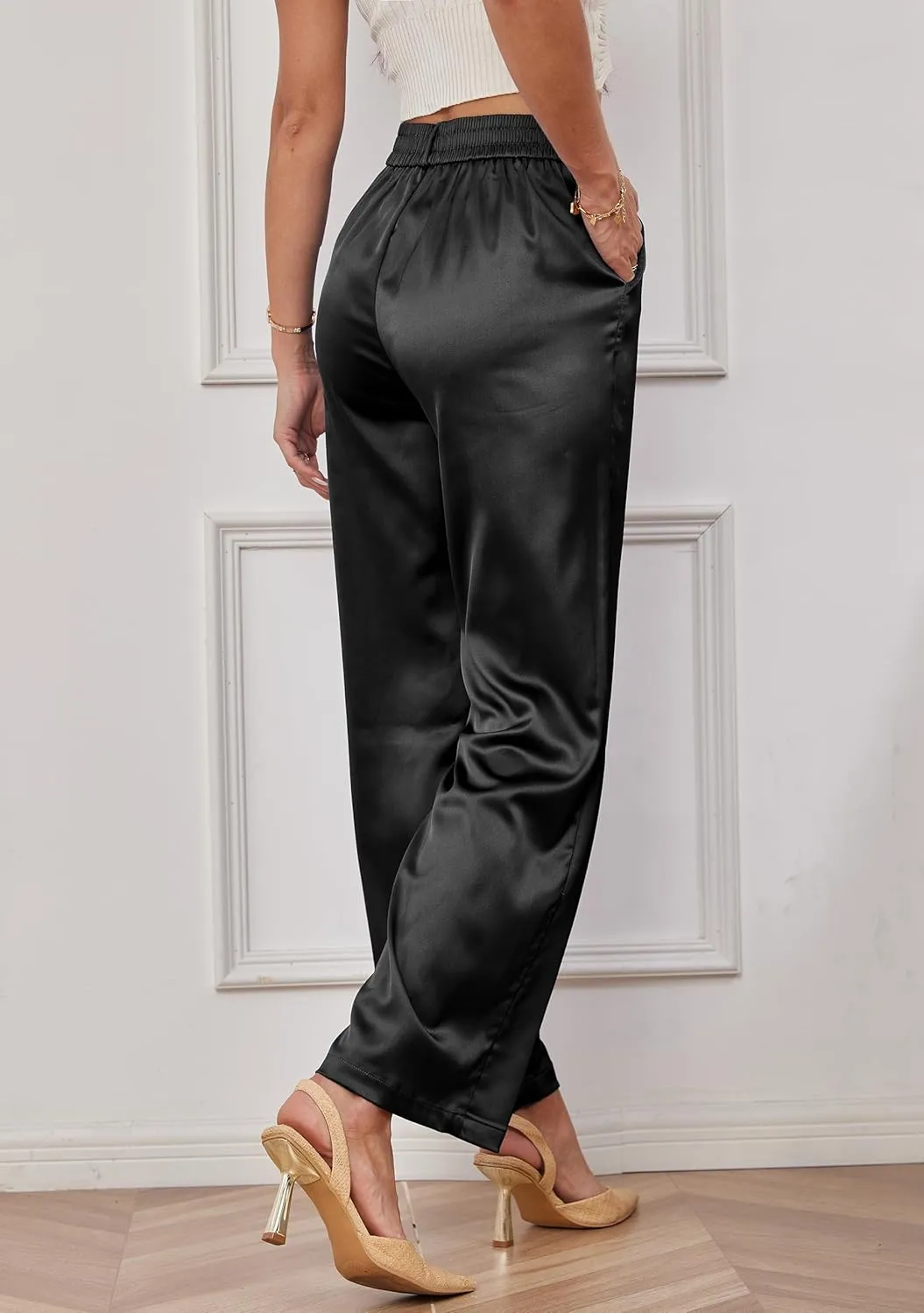 Fakanhui Women's Satin Wide Leg Pant Party Dress Casual Sparkle High Waisted Long Pants Clubwear