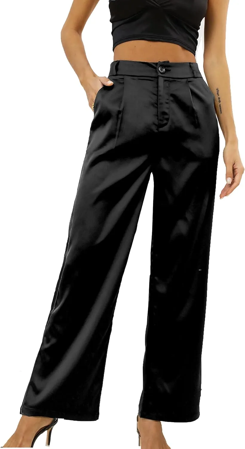 Fakanhui Women's Satin Wide Leg Pant Party Dress Casual Sparkle High Waisted Long Pants Clubwear
