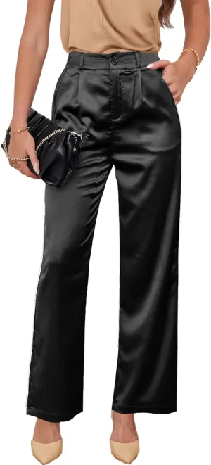 Fakanhui Women's Satin Wide Leg Pant Party Dress Casual Sparkle High Waisted Long Pants Clubwear