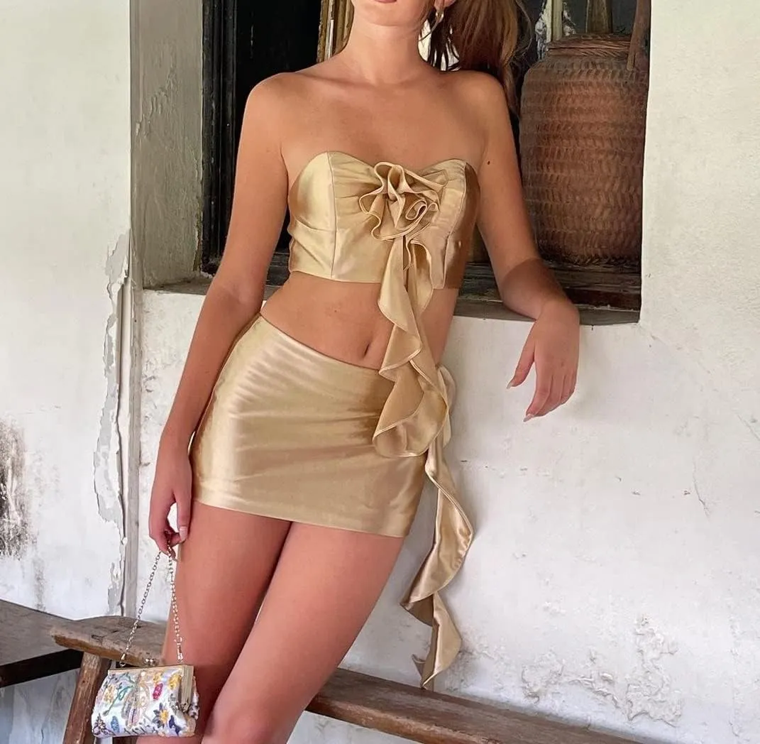 Faretumiya 3D Floral Tassel Skirt Set Women 2 Piece Sheer Mesh Crop Tank Tops Bodycon Ruffles Mini Skirt Sets Y2k Streetwear