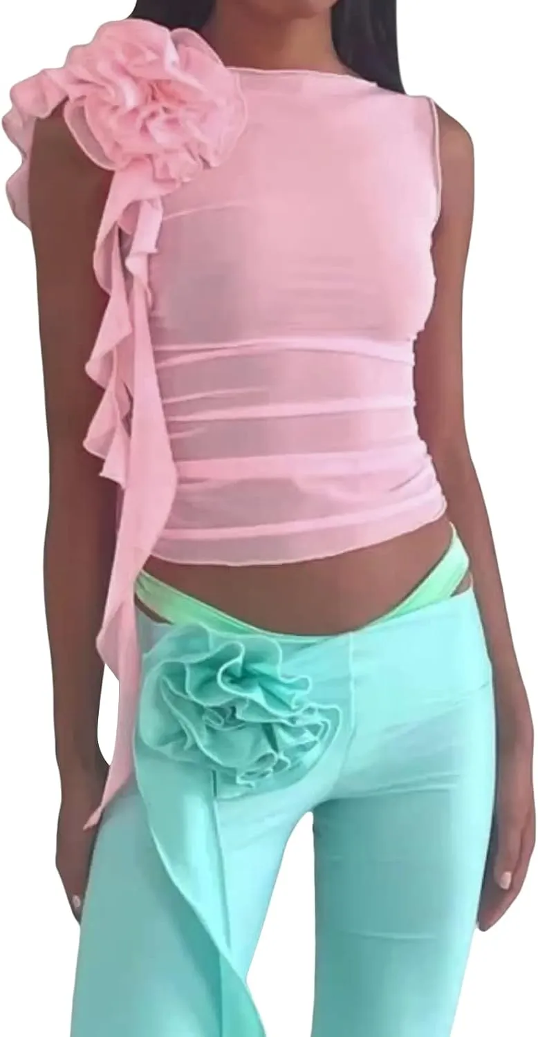 Faretumiya 3D Floral Tassel Skirt Set Women 2 Piece Sheer Mesh Crop Tank Tops Bodycon Ruffles Mini Skirt Sets Y2k Streetwear