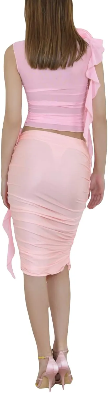 Faretumiya 3D Floral Tassel Skirt Set Women 2 Piece Sheer Mesh Crop Tank Tops Bodycon Ruffles Mini Skirt Sets Y2k Streetwear
