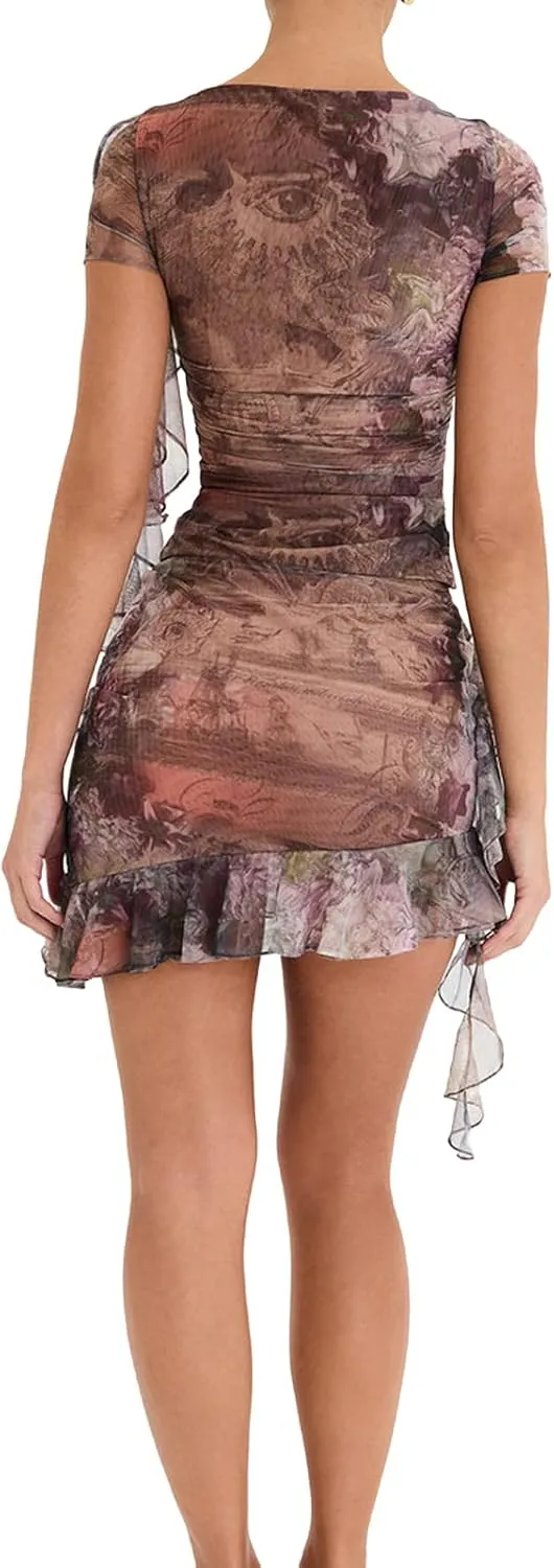 Faretumiya 3D Floral Tassel Skirt Set Women 2 Piece Sheer Mesh Crop Tank Tops Bodycon Ruffles Mini Skirt Sets Y2k Streetwear