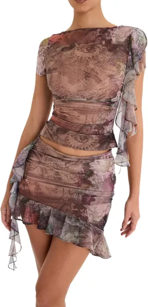 Faretumiya 3D Floral Tassel Skirt Set Women 2 Piece Sheer Mesh Crop Tank Tops Bodycon Ruffles Mini Skirt Sets Y2k Streetwear