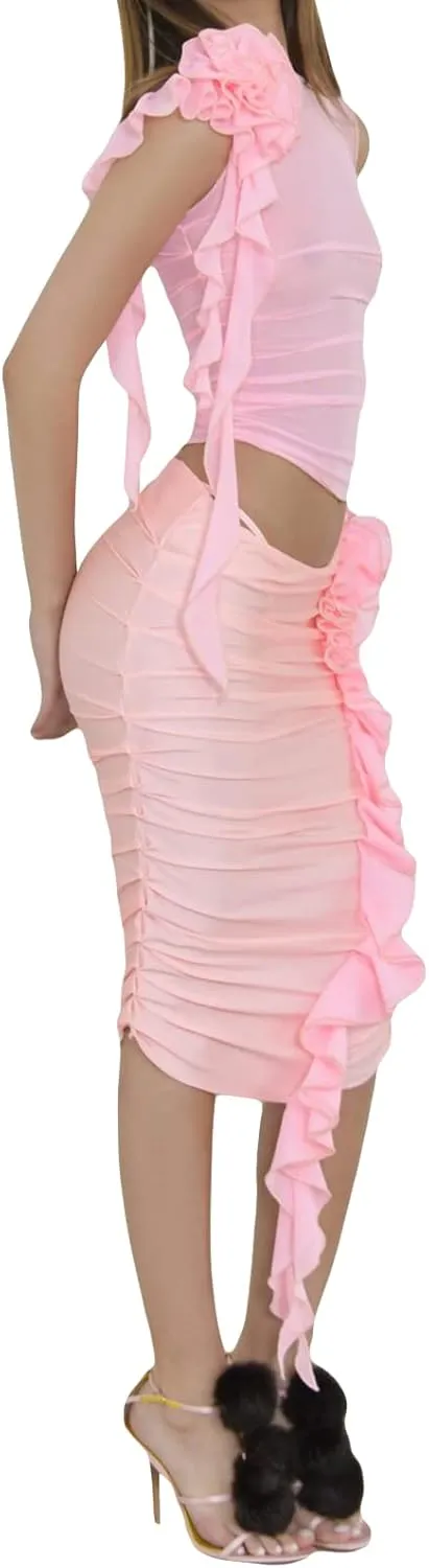 Faretumiya 3D Floral Tassel Skirt Set Women 2 Piece Sheer Mesh Crop Tank Tops Bodycon Ruffles Mini Skirt Sets Y2k Streetwear