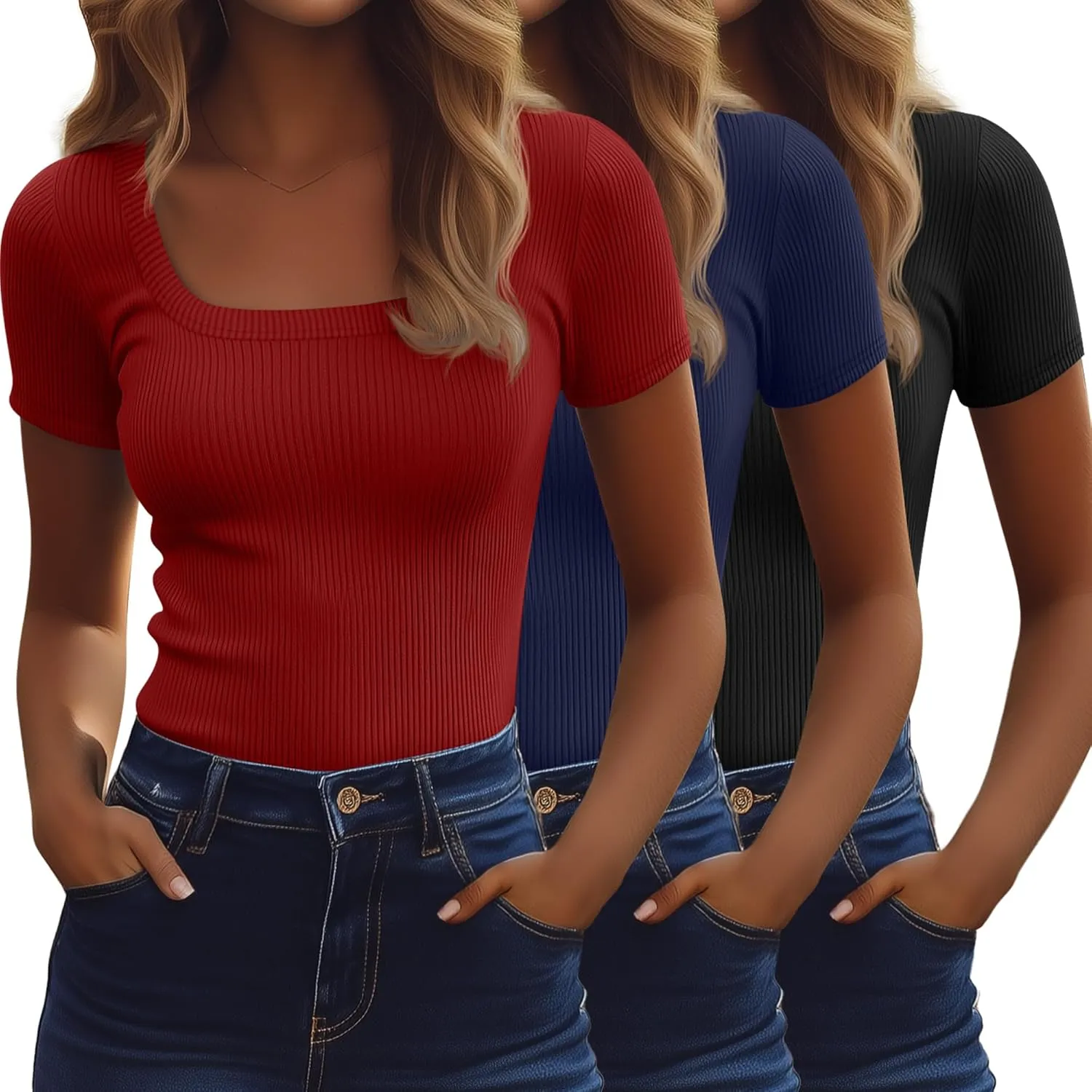 Ficerd 3 Pack Women's Short Sleeve Scooped Neck T Shirts Tops Basic Ribbed Knit Tee Slim Fit Solid Color Shirt