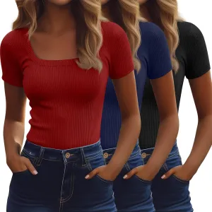 Ficerd 3 Pack Women's Short Sleeve Scooped Neck T Shirts Tops Basic Ribbed Knit Tee Slim Fit Solid Color Shirt