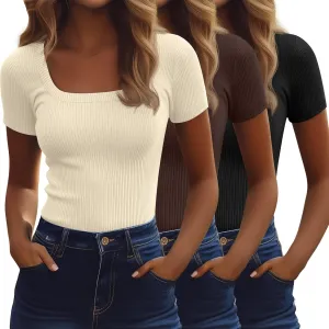 Ficerd 3 Pack Women's Short Sleeve Scooped Neck T Shirts Tops Basic Ribbed Knit Tee Slim Fit Solid Color Shirt