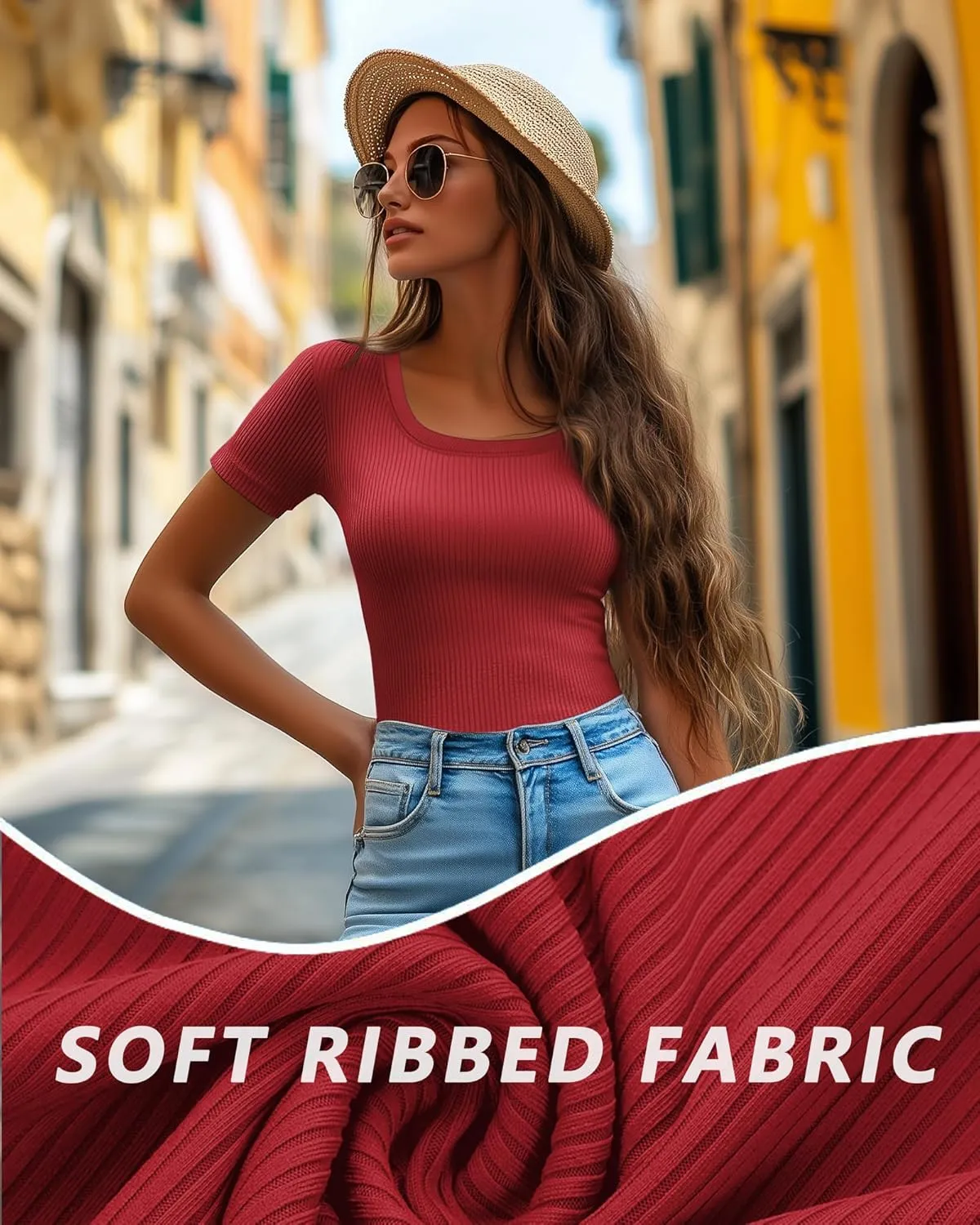 Ficerd 3 Pack Women's Short Sleeve Scooped Neck T Shirts Tops Basic Ribbed Knit Tee Slim Fit Solid Color Shirt
