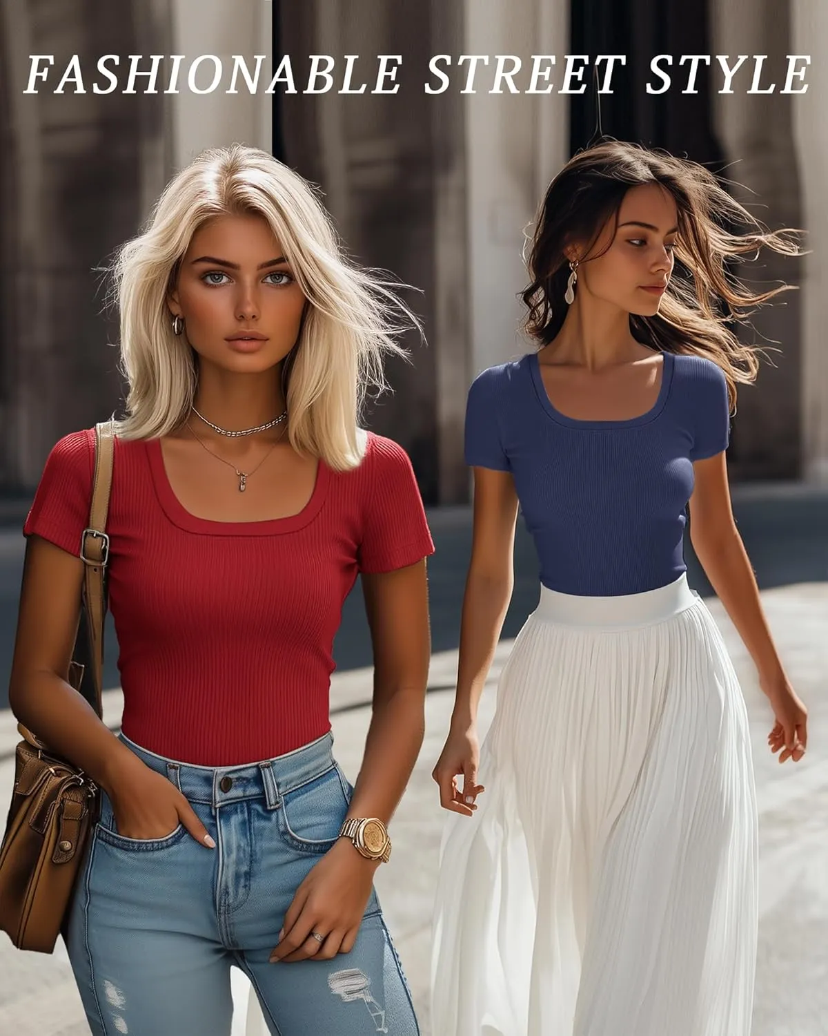 Ficerd 3 Pack Women's Short Sleeve Scooped Neck T Shirts Tops Basic Ribbed Knit Tee Slim Fit Solid Color Shirt
