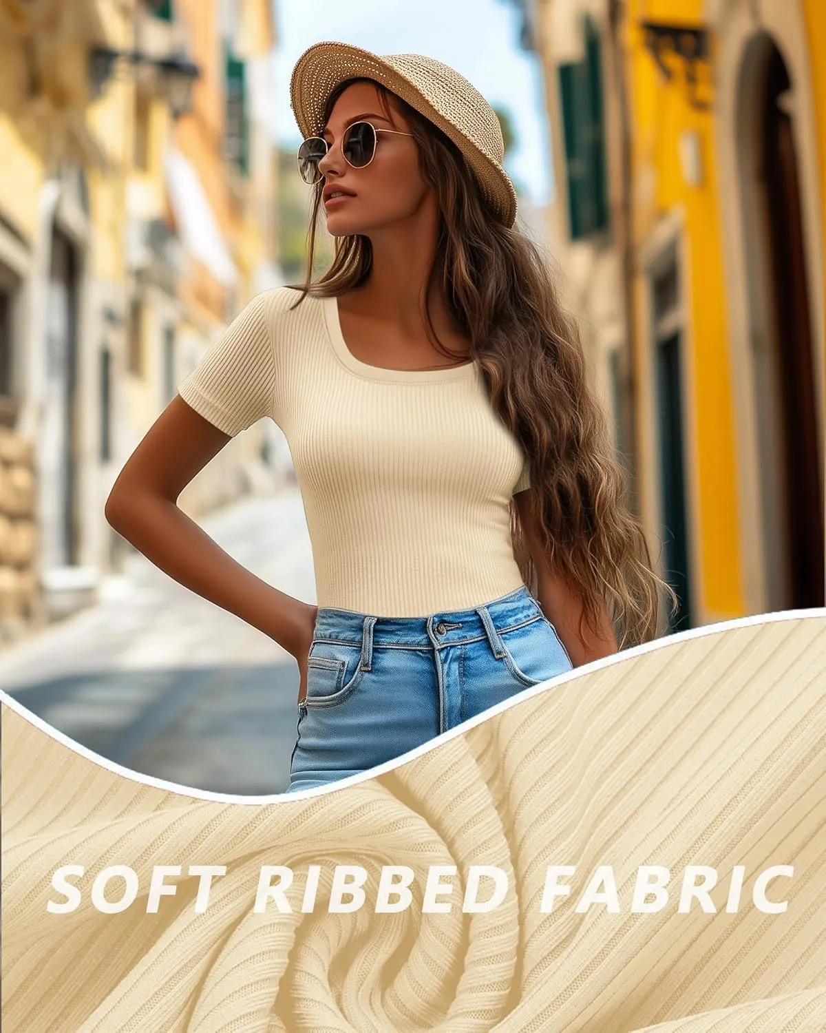 Ficerd 3 Pack Women's Short Sleeve Scooped Neck T Shirts Tops Basic Ribbed Knit Tee Slim Fit Solid Color Shirt