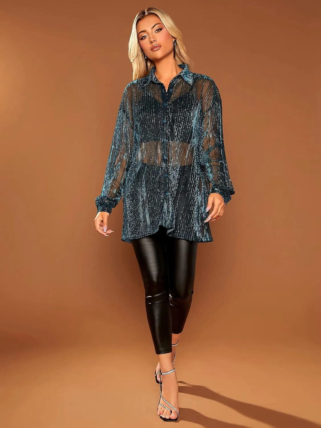 Floerns Women's Sheer Mesh Button Up Short Sleeve Shirt See Through Blouse Tops