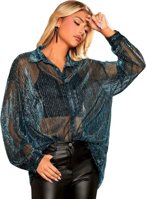 Floerns Women's Sheer Mesh Button Up Short Sleeve Shirt See Through Blouse Tops