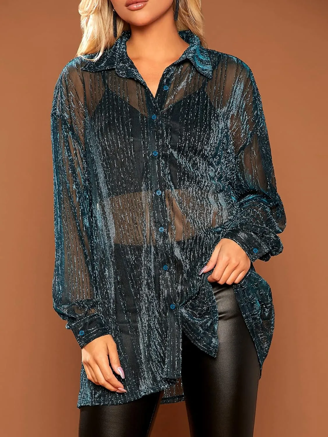 Floerns Women's Sheer Mesh Button Up Short Sleeve Shirt See Through Blouse Tops