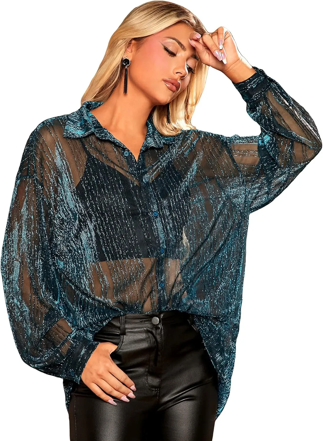 Floerns Women's Sheer Mesh Button Up Short Sleeve Shirt See Through Blouse Tops