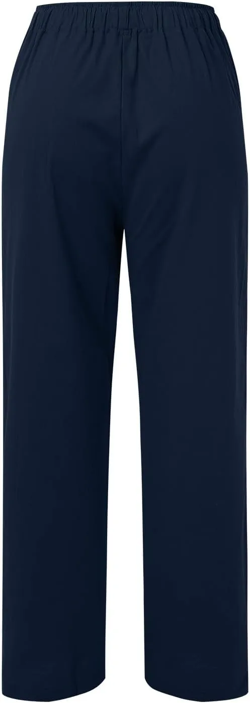 FZVYD Women's Cotton Linen Pants 2024 Summer Wide Leg Casual Loose Drawstring Low Waist Palazzo Pants Trousers with Pockets