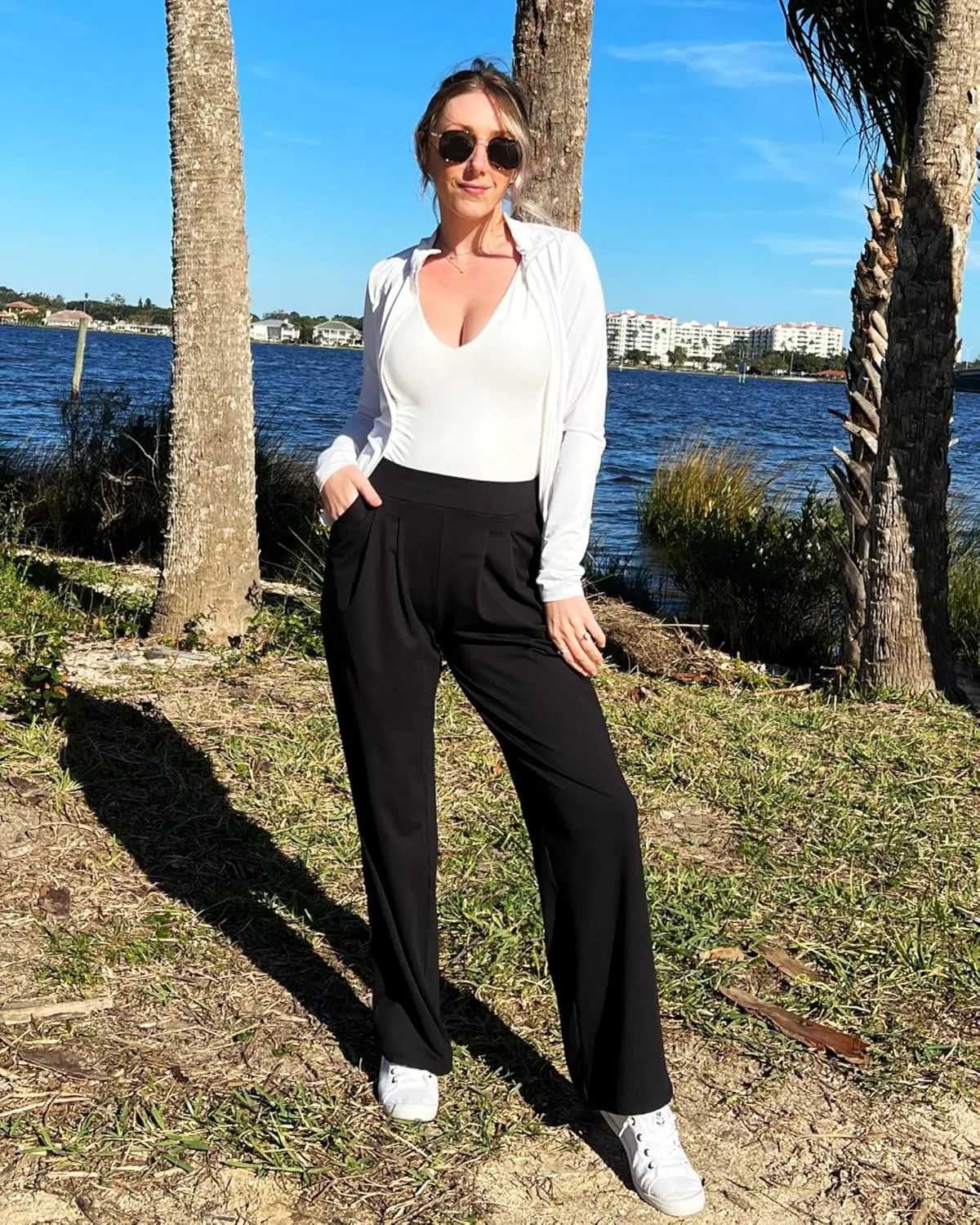 G4Free Bizcasual Wide Leg Dress Yoga Pants for Women with Pockets Stretch Work Pants Business Casual Petite/Regular/Tall