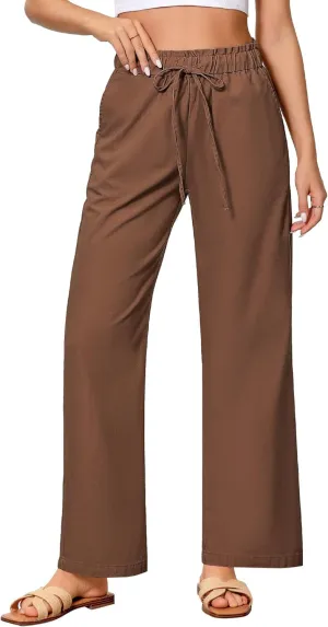 GRAPENT Linen Pants Women Wide Leg High Waisted Flowy Summer Beach Elastic Waist Pull On Baggy Palazzo Pants with Pocket