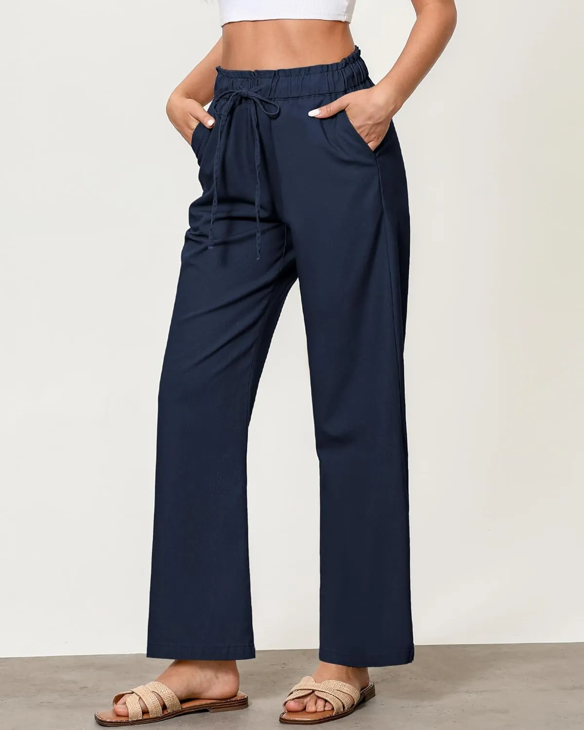 GRAPENT Linen Pants Women Wide Leg High Waisted Flowy Summer Beach Elastic Waist Pull On Baggy Palazzo Pants with Pocket