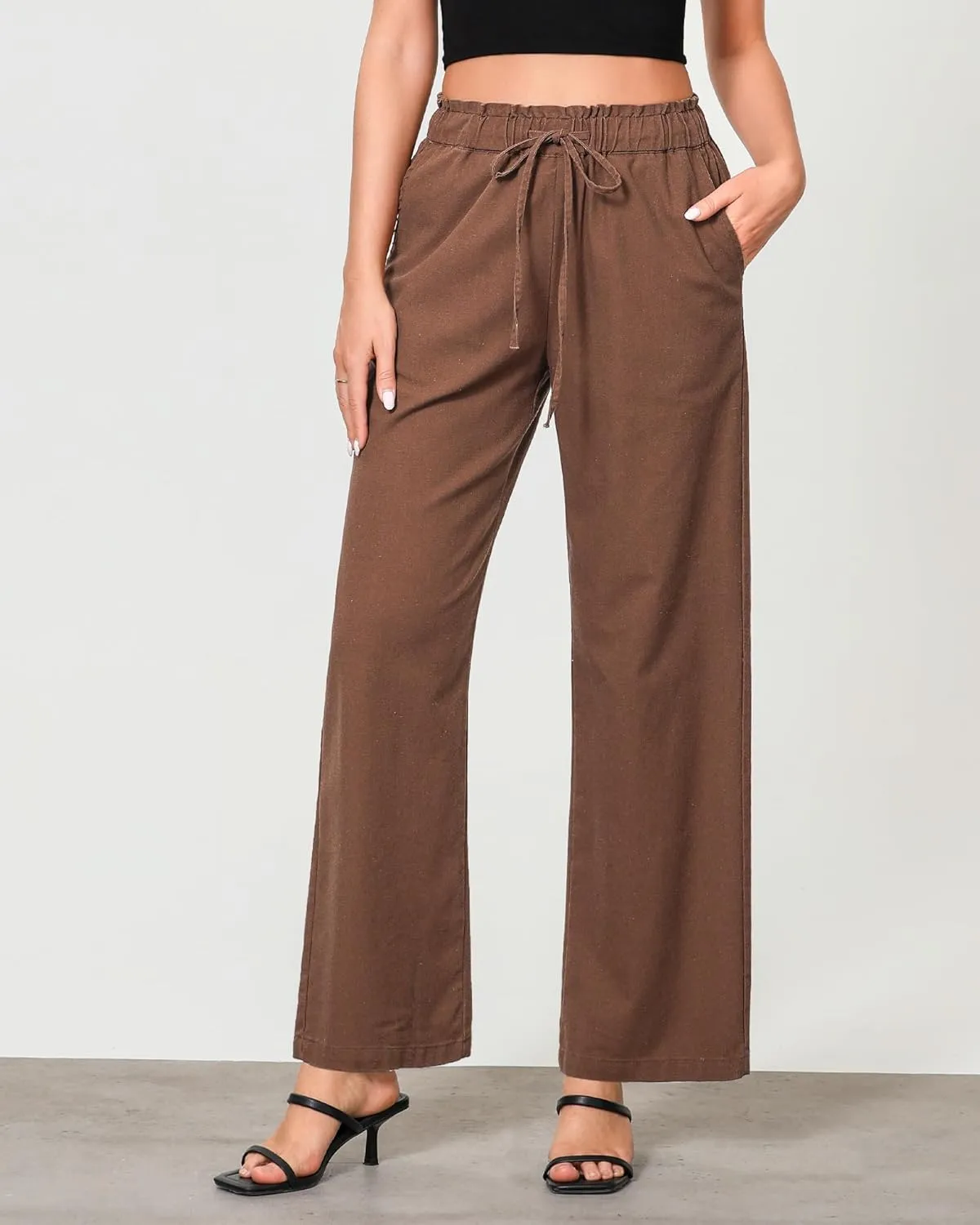 GRAPENT Linen Pants Women Wide Leg High Waisted Flowy Summer Beach Elastic Waist Pull On Baggy Palazzo Pants with Pocket