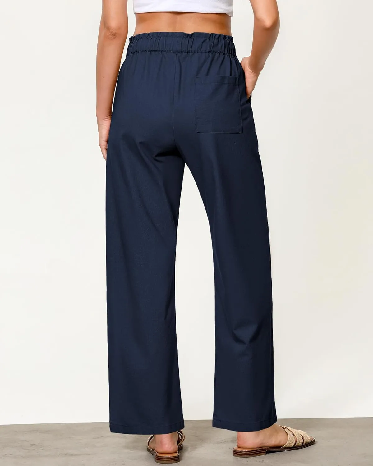 GRAPENT Linen Pants Women Wide Leg High Waisted Flowy Summer Beach Elastic Waist Pull On Baggy Palazzo Pants with Pocket