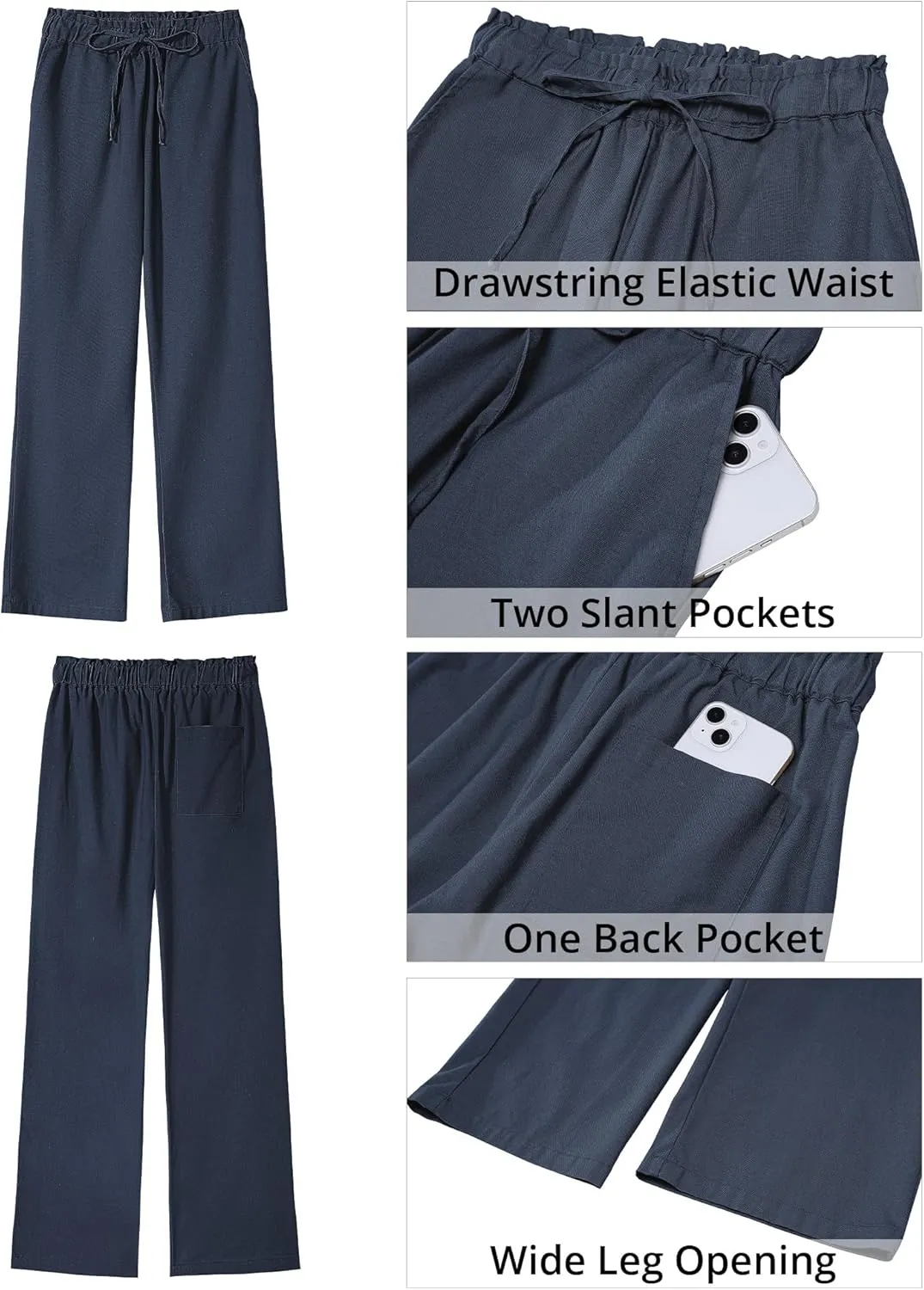 GRAPENT Linen Pants Women Wide Leg High Waisted Flowy Summer Beach Elastic Waist Pull On Baggy Palazzo Pants with Pocket