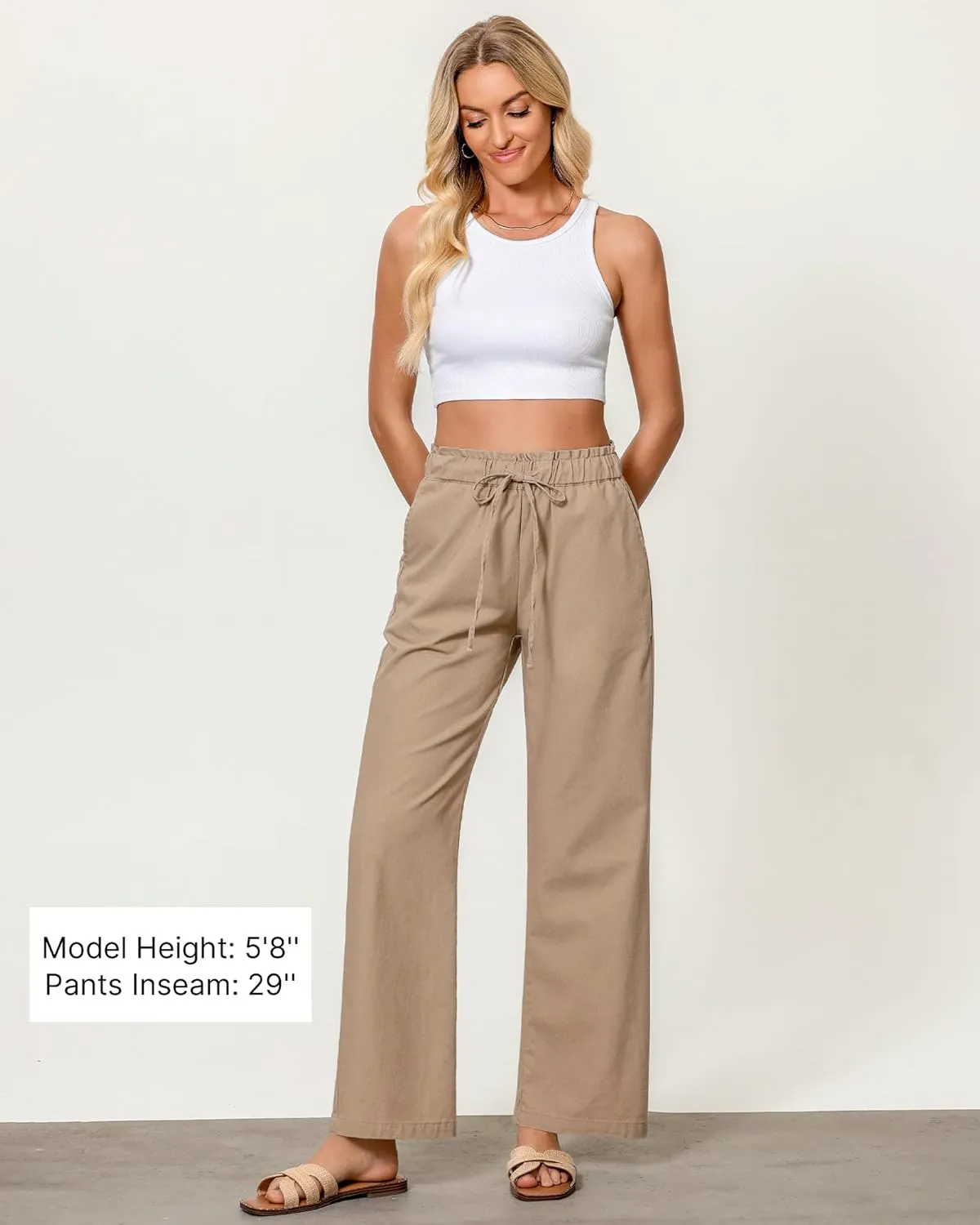 GRAPENT Linen Pants Women Wide Leg High Waisted Flowy Summer Beach Elastic Waist Pull On Baggy Palazzo Pants with Pocket