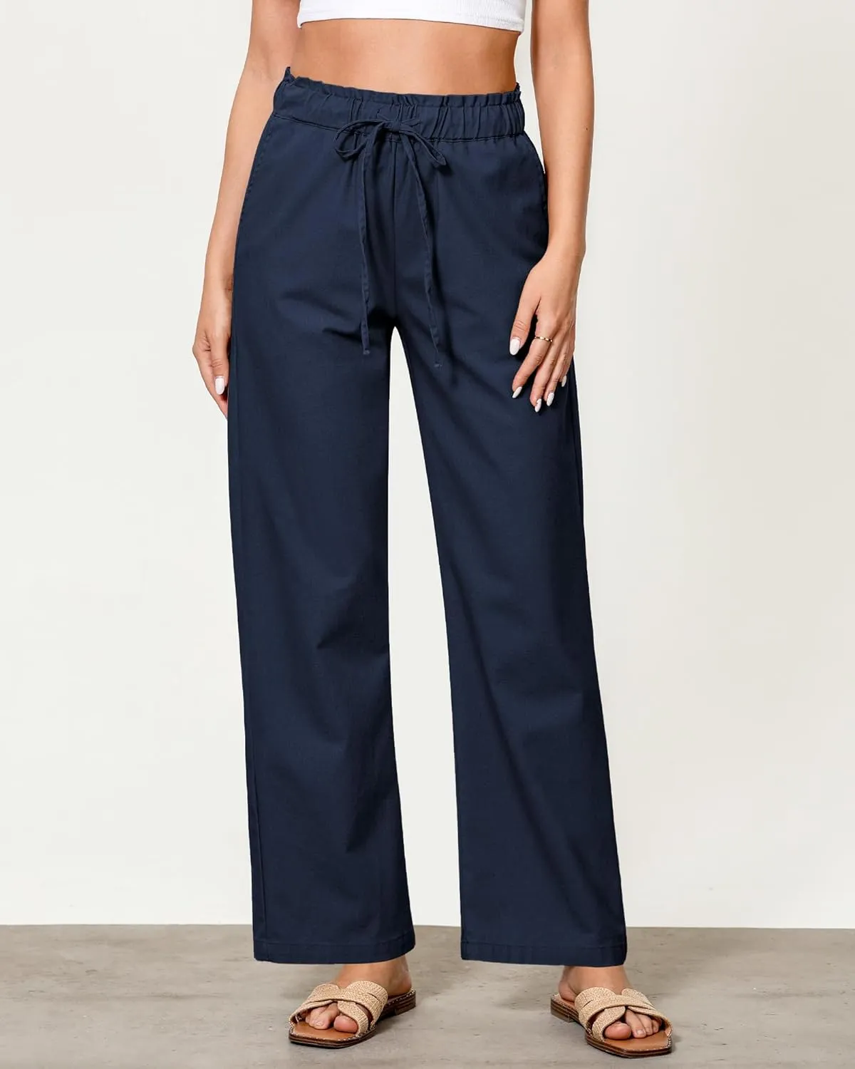 GRAPENT Linen Pants Women Wide Leg High Waisted Flowy Summer Beach Elastic Waist Pull On Baggy Palazzo Pants with Pocket