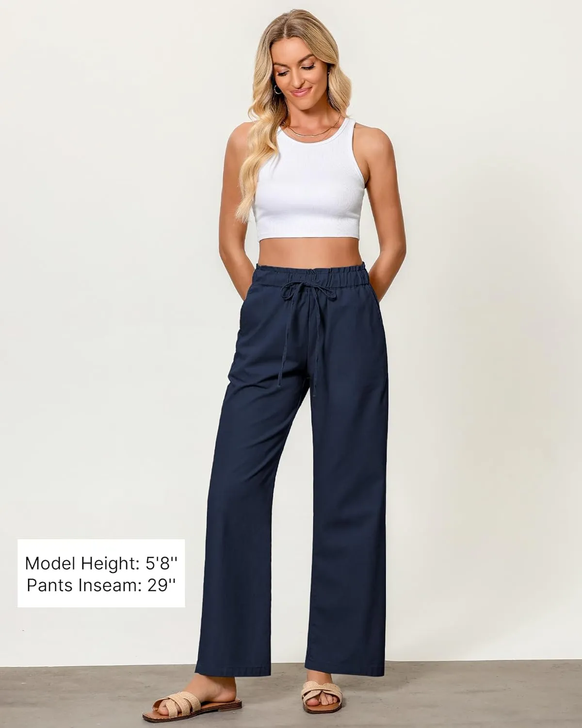 GRAPENT Linen Pants Women Wide Leg High Waisted Flowy Summer Beach Elastic Waist Pull On Baggy Palazzo Pants with Pocket