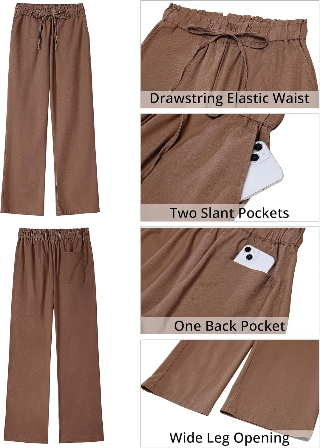 GRAPENT Linen Pants Women Wide Leg High Waisted Flowy Summer Beach Elastic Waist Pull On Baggy Palazzo Pants with Pocket
