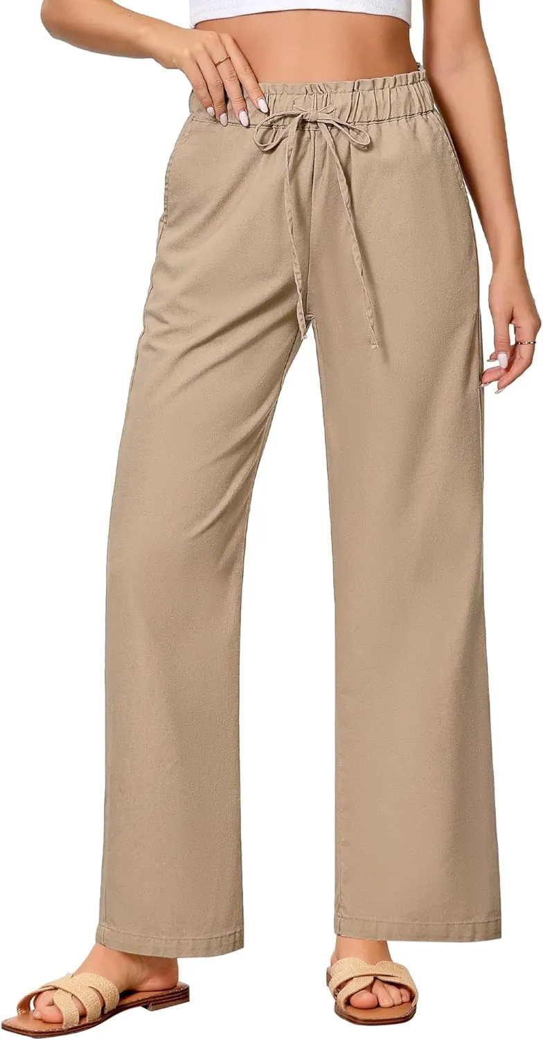GRAPENT Linen Pants Women Wide Leg High Waisted Flowy Summer Beach Elastic Waist Pull On Baggy Palazzo Pants with Pocket