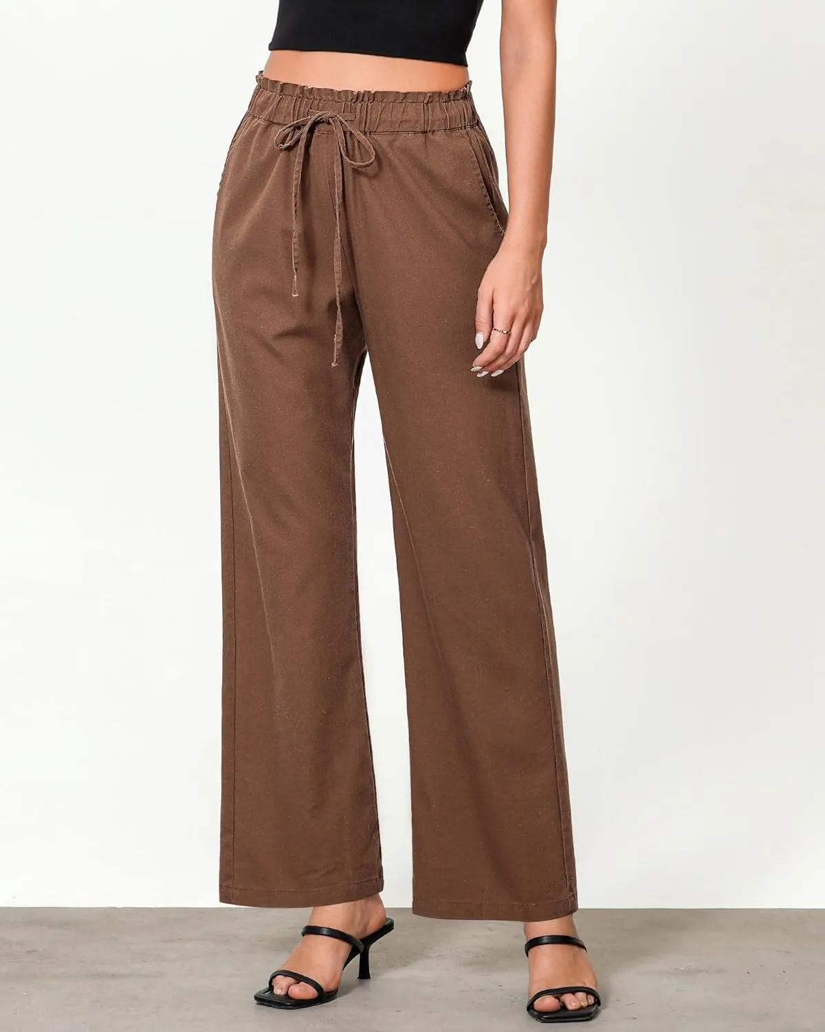 GRAPENT Linen Pants Women Wide Leg High Waisted Flowy Summer Beach Elastic Waist Pull On Baggy Palazzo Pants with Pocket