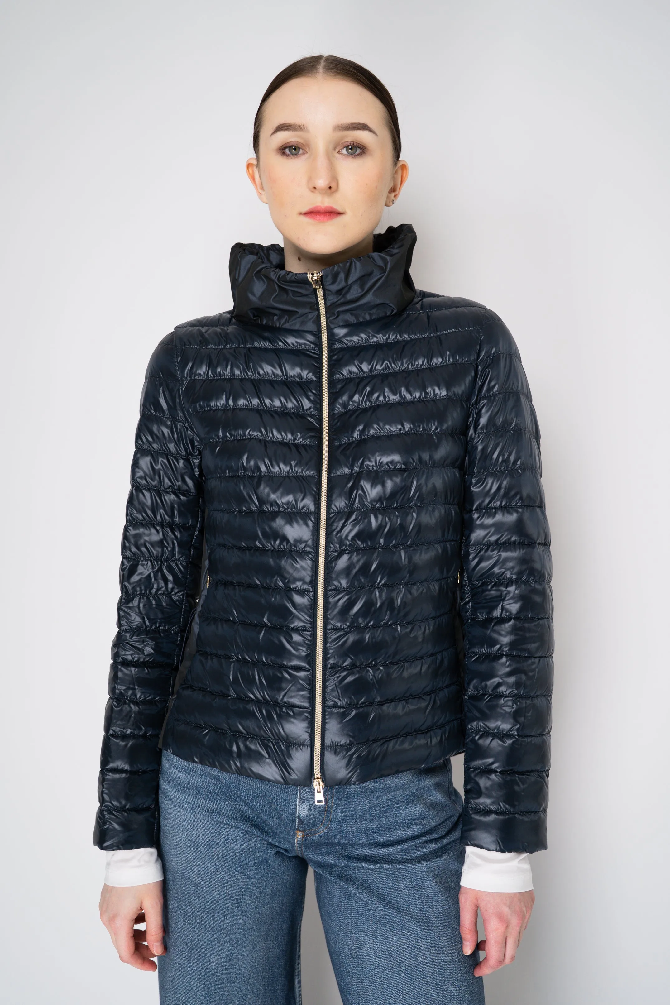 Herno Padded Jacket with Taffeta Back and Cinchable Waist in Navy