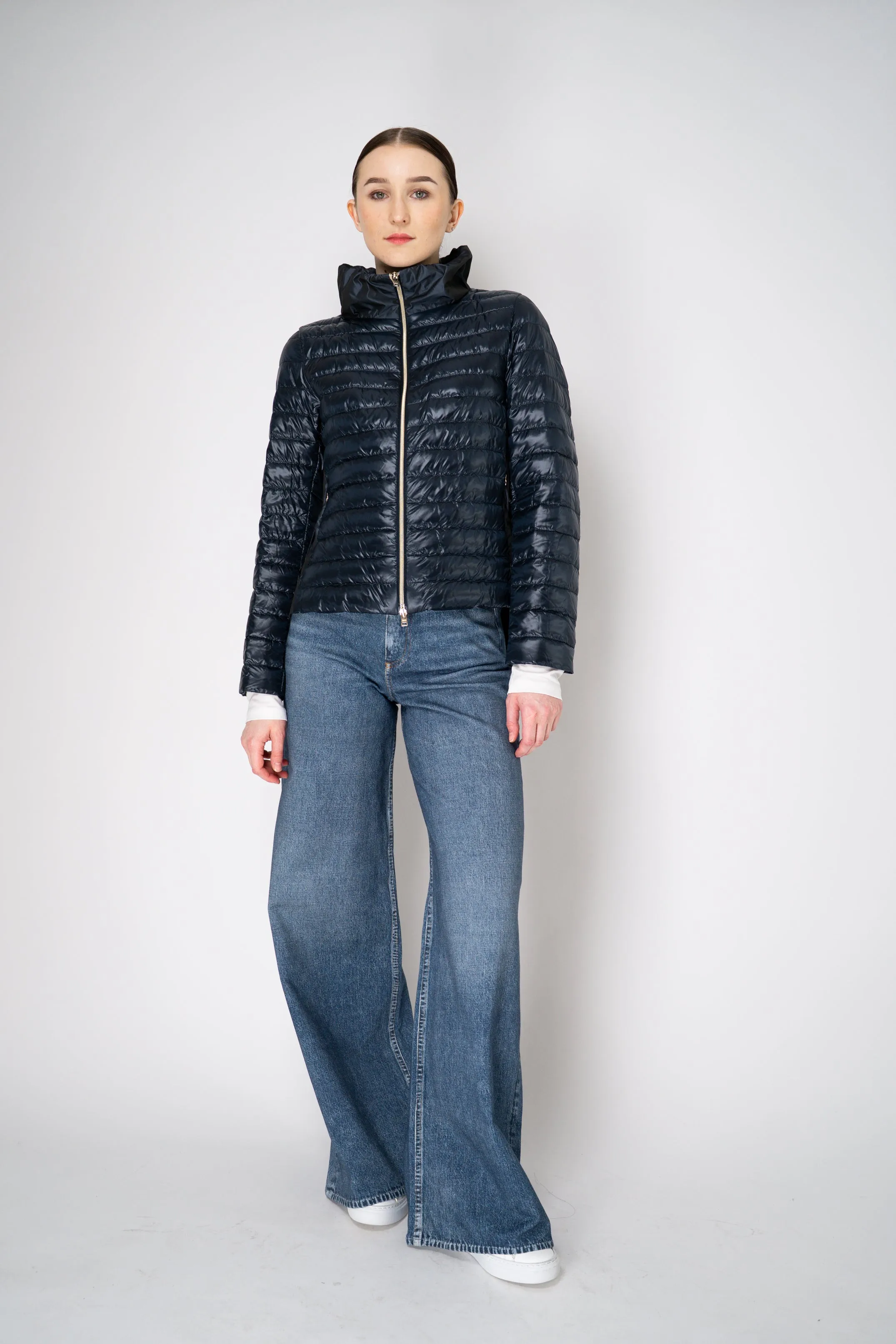 Herno Padded Jacket with Taffeta Back and Cinchable Waist in Navy
