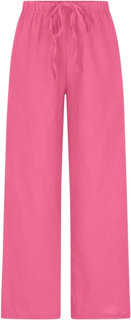 High Waisted Linen Pants for Women Dressy Casual 2025 Drawstring Wide Leg Flowy Pant Summer Beach Trousers