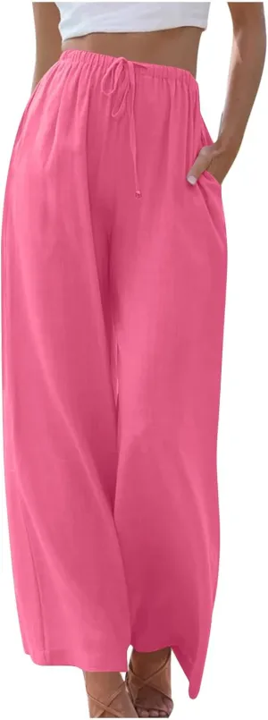 High Waisted Linen Pants for Women Dressy Casual 2025 Drawstring Wide Leg Flowy Pant Summer Beach Trousers