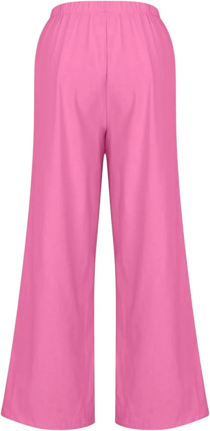 High Waisted Linen Pants for Women Dressy Casual 2025 Drawstring Wide Leg Flowy Pant Summer Beach Trousers
