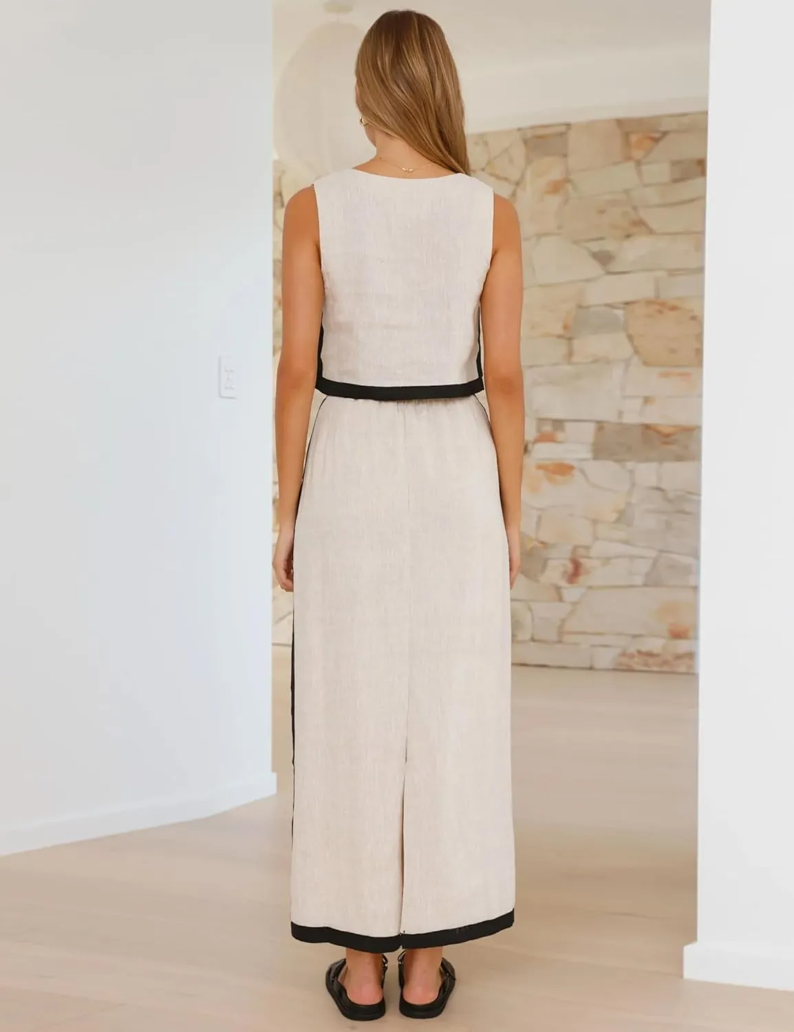 IDEALSANXUN Two Piece Sets for Women Summer Cropped Linen Tank Tops and Maxi Skirt Matching Set