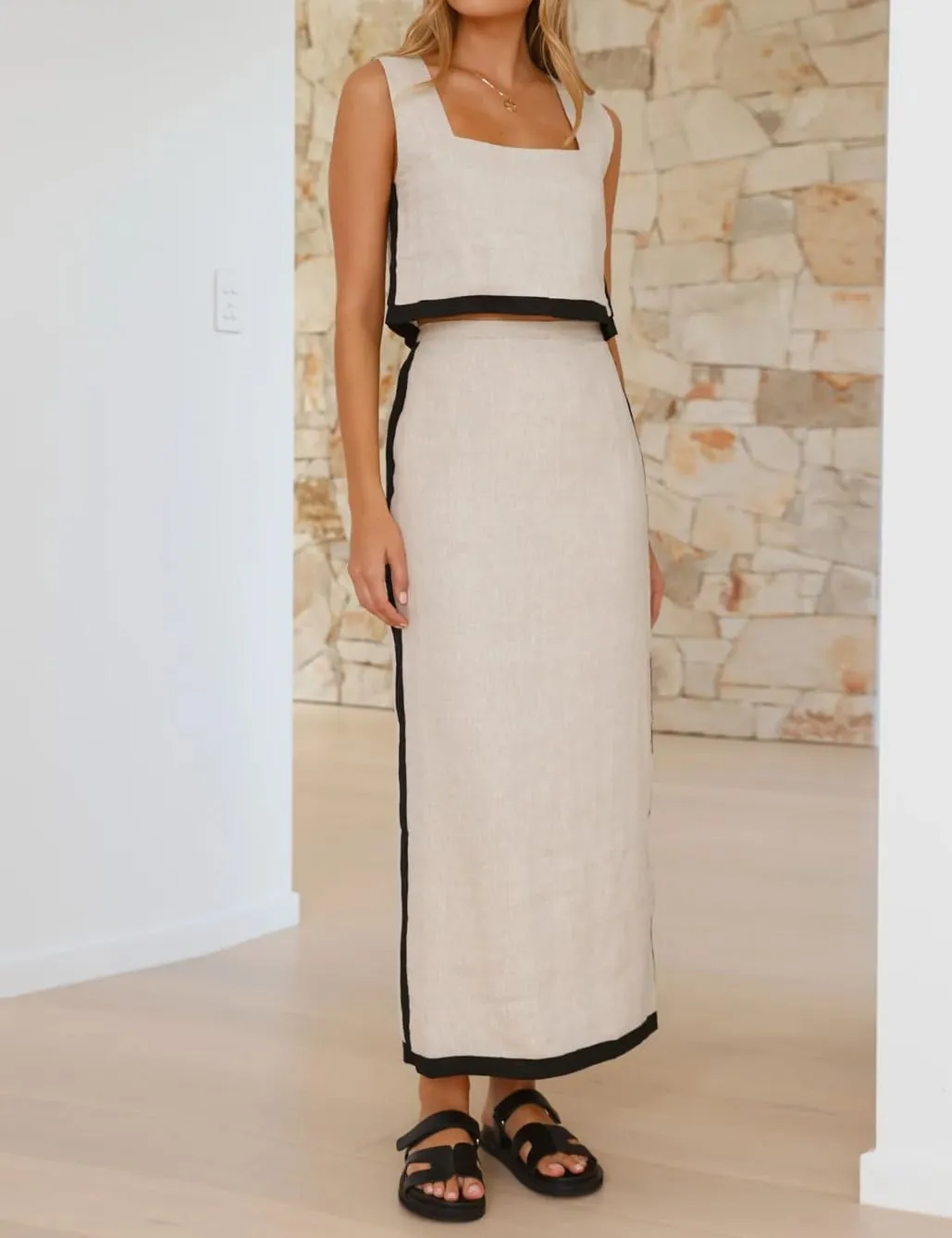 IDEALSANXUN Two Piece Sets for Women Summer Cropped Linen Tank Tops and Maxi Skirt Matching Set