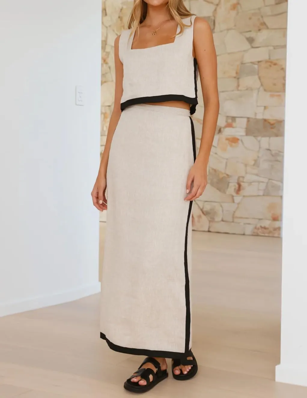 IDEALSANXUN Two Piece Sets for Women Summer Cropped Linen Tank Tops and Maxi Skirt Matching Set