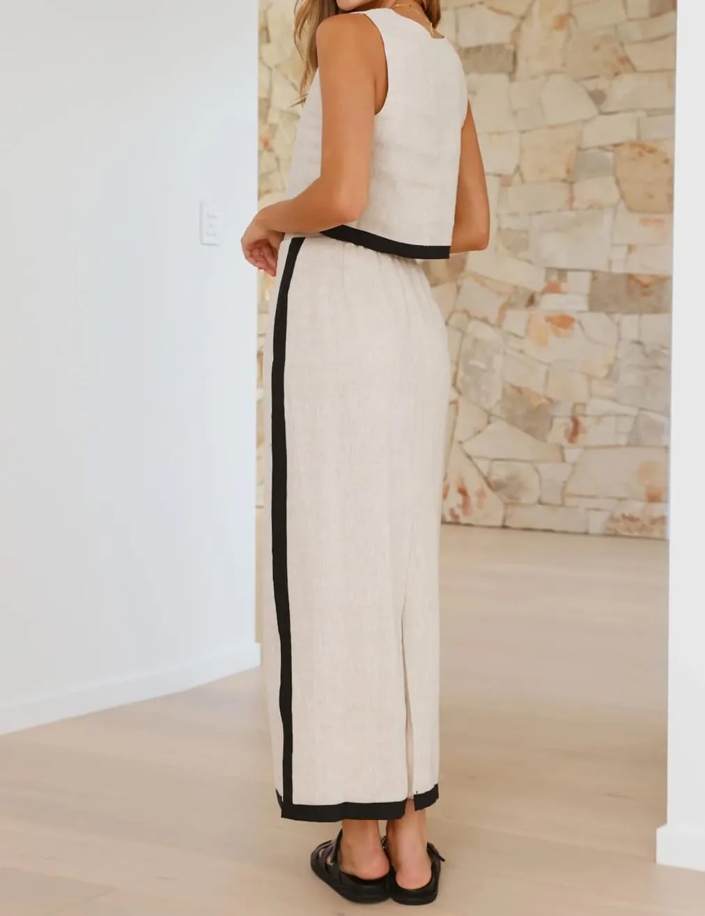 IDEALSANXUN Two Piece Sets for Women Summer Cropped Linen Tank Tops and Maxi Skirt Matching Set