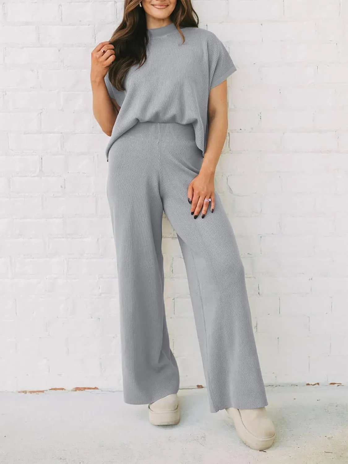 Imily Bela Women's 2 Piece Outfits Sweater Knit Sets Mock Neck Short Sleeve Tops Wide Leg Pants Casual Tracksuit