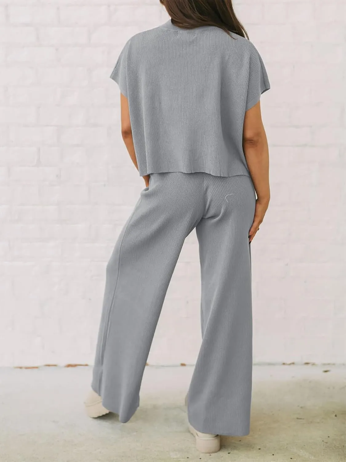 Imily Bela Women's 2 Piece Outfits Sweater Knit Sets Mock Neck Short Sleeve Tops Wide Leg Pants Casual Tracksuit